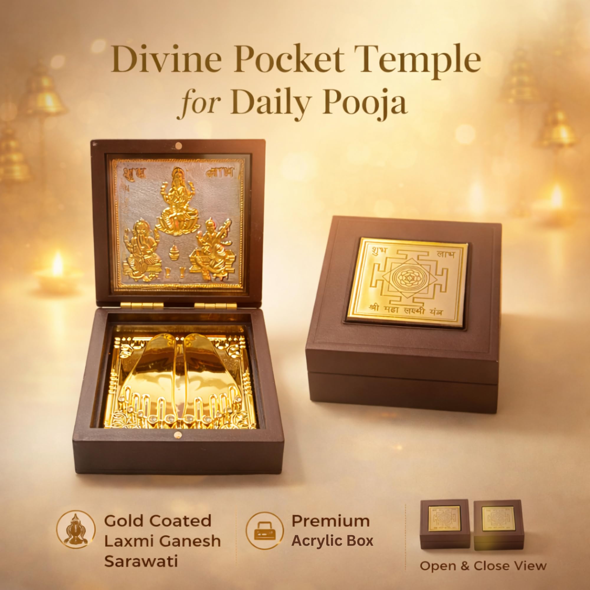 DK trades Gold Coated Ganesh Laxmi Sarswati for Diwali Pooja Box Premium Gold Laxmi Ganesh Sarswati for Diwali Pooja Box| Pocket Temple Laxmi Ganesh Sarswati with Charan Paduka |Unique Home, Office