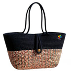DYARCHY Woven Straw Beach Tote Bag, Cotton Rope Handle with Button Closure (BLUEDESIGNER)