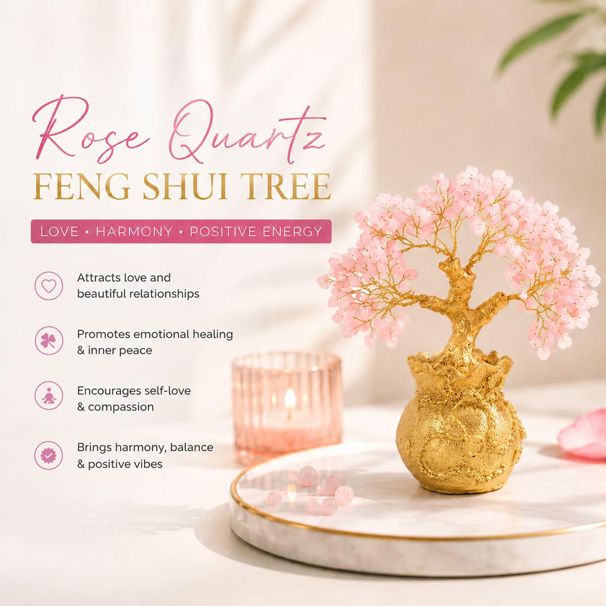 Habere India-All the Cultures Fabricating India Rose Quartz Crystal Tree in Gold Pot | Feng Shui Tree for Love, Harmony & Positive Energy | Healing Crystal Home Decor (L15 x W10 x H17 cm)