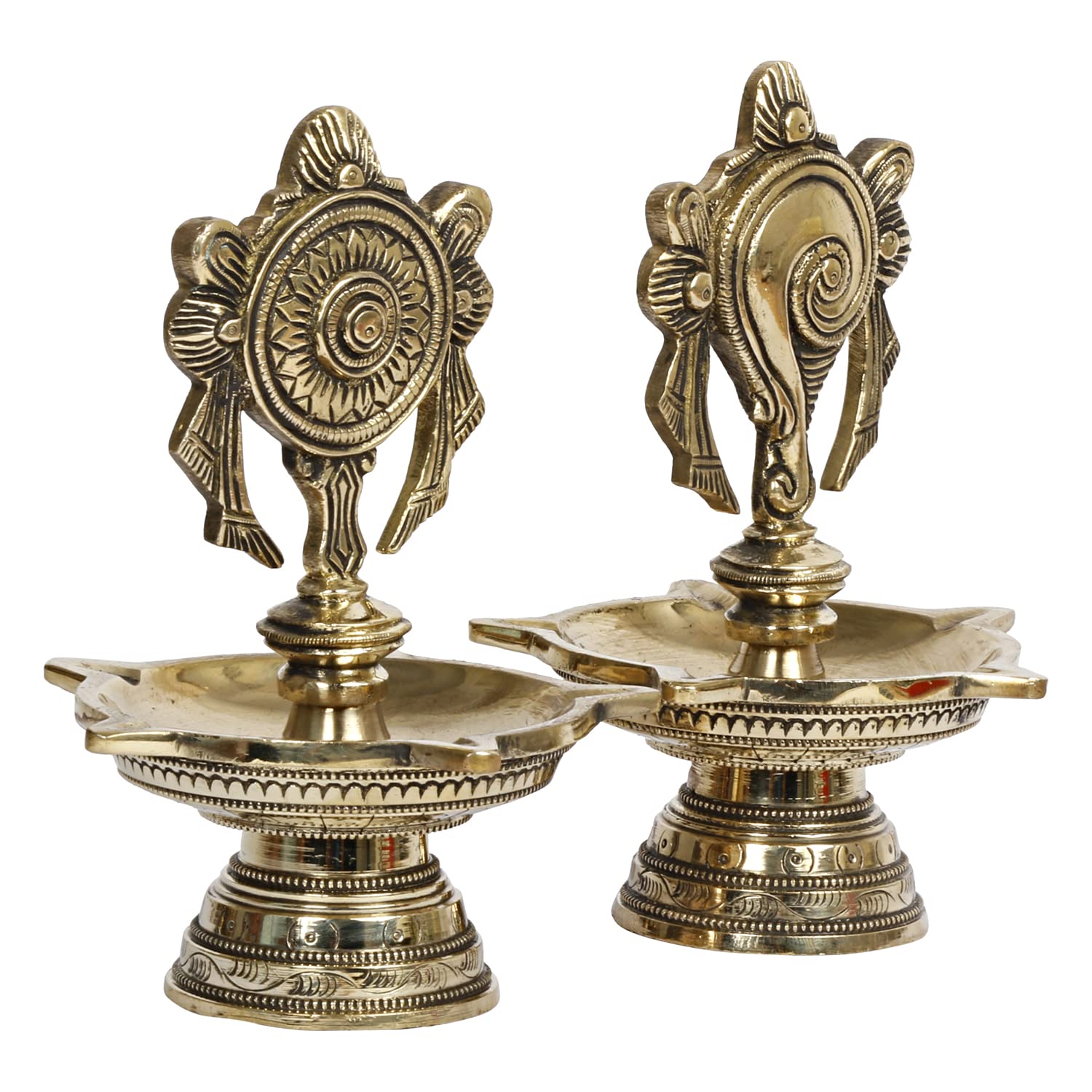 Artvarko Brass Chakra Shankh Villaku Vishnu Shankhu Chakra Deepam, Multi Wick Diya, Deepa, Traditional Oil Lamp for Pooja, Aarti, Home and Decor 6 Inches
