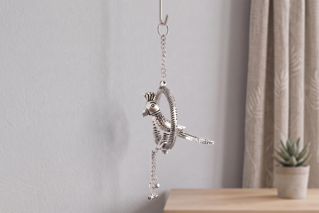 KridayKraft Small Ring Parrot Silver Wall Hanging Decor – Handcrafted Metallic Bird Showpiece for Living Room, Balcony, and Home Decoration.