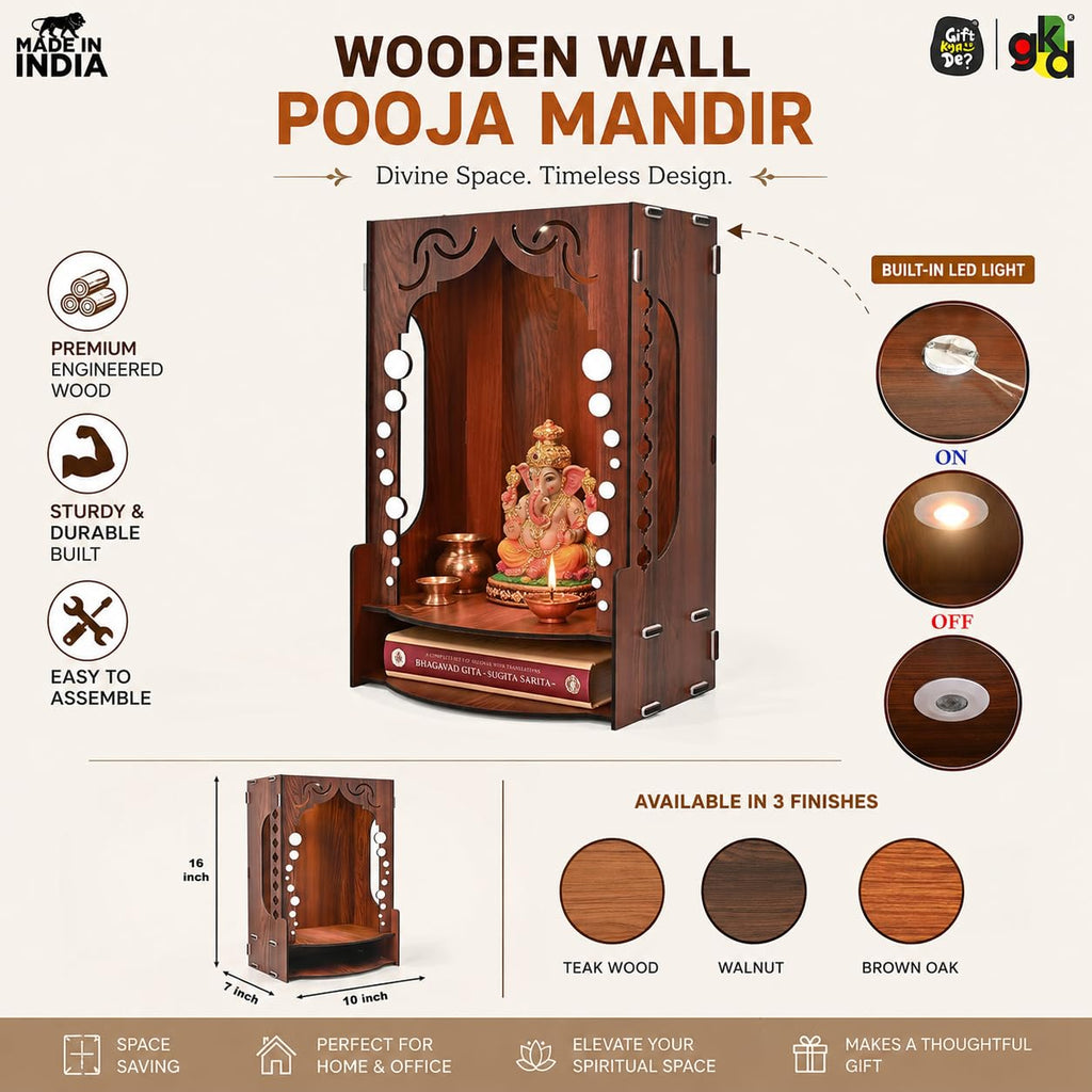 Gift Kya De Wooden Temple for Home Wall Mounted | LED Light Compact Pooja Mandir for Office, Flat, Living Room | Minimal Design Pooja Stand (DIY- H-16 x L-10 x W-7 Inch) (Modern Glow)