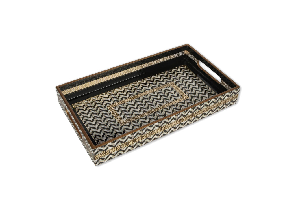 Classic Chevron Decorative Wooden Tray – Gold Engraved, Enamel Coated, Waterproof Rectangular Serving Tray for Coffee Table, Dining Room, Kitchen, Parties & Home Decor (Classic Chevron Small)