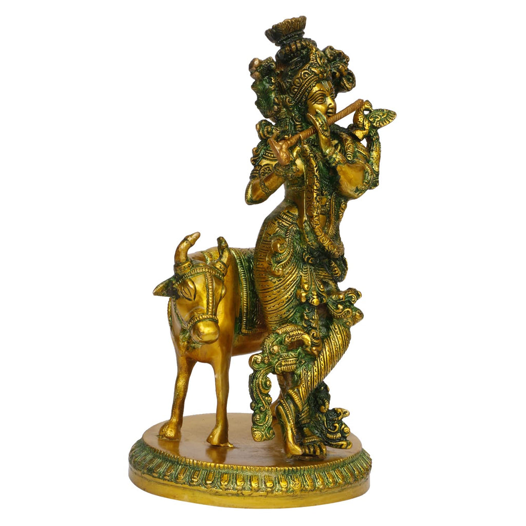 ARTVARKO Brass Krishna with Cow Standing Playing Flute Idol Statue Mandir Puja Office Home Décor Gift 10 Inches
