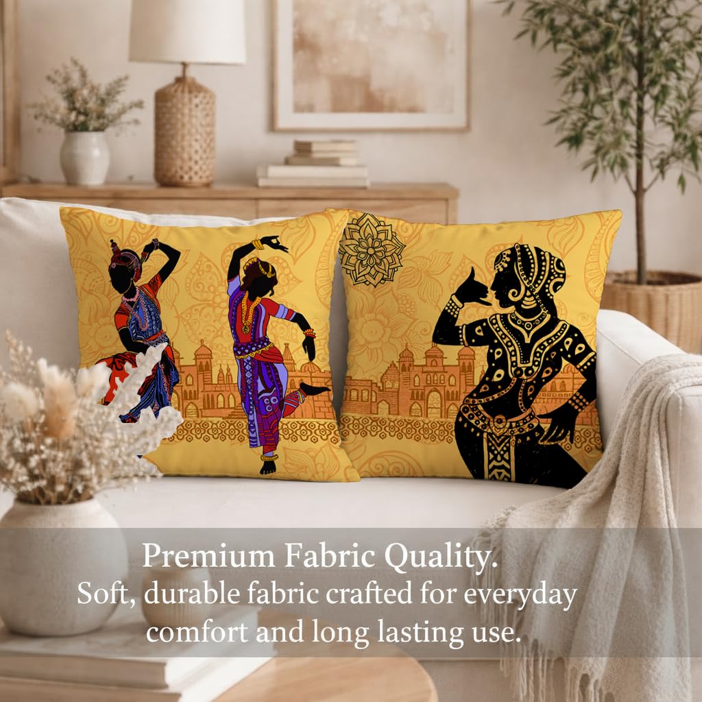 STITCHNEST Set of 2 Nritya Kala Collection Printed Jute Cushion Covers 16x16 Inches | Decorative Throw Pillow Covers for Sofa, Living Room, Bedroom | Perfect for Home Decor