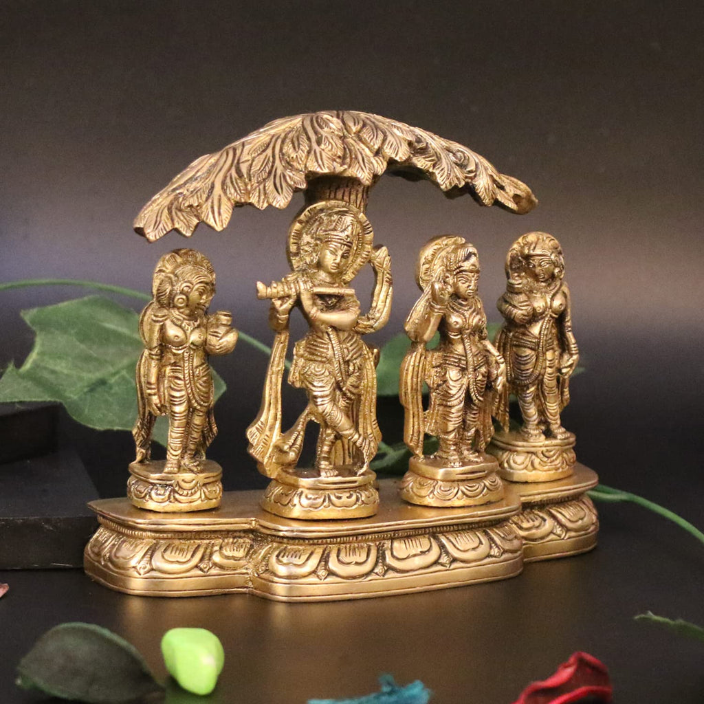 ARTVARKO Brass Krishna Playing Flute Radha and Gopi's Dancing Under Tree Brass Idol for Home Décor Living Room Pooja Mandir Gift Item (15x5x13 CM)
