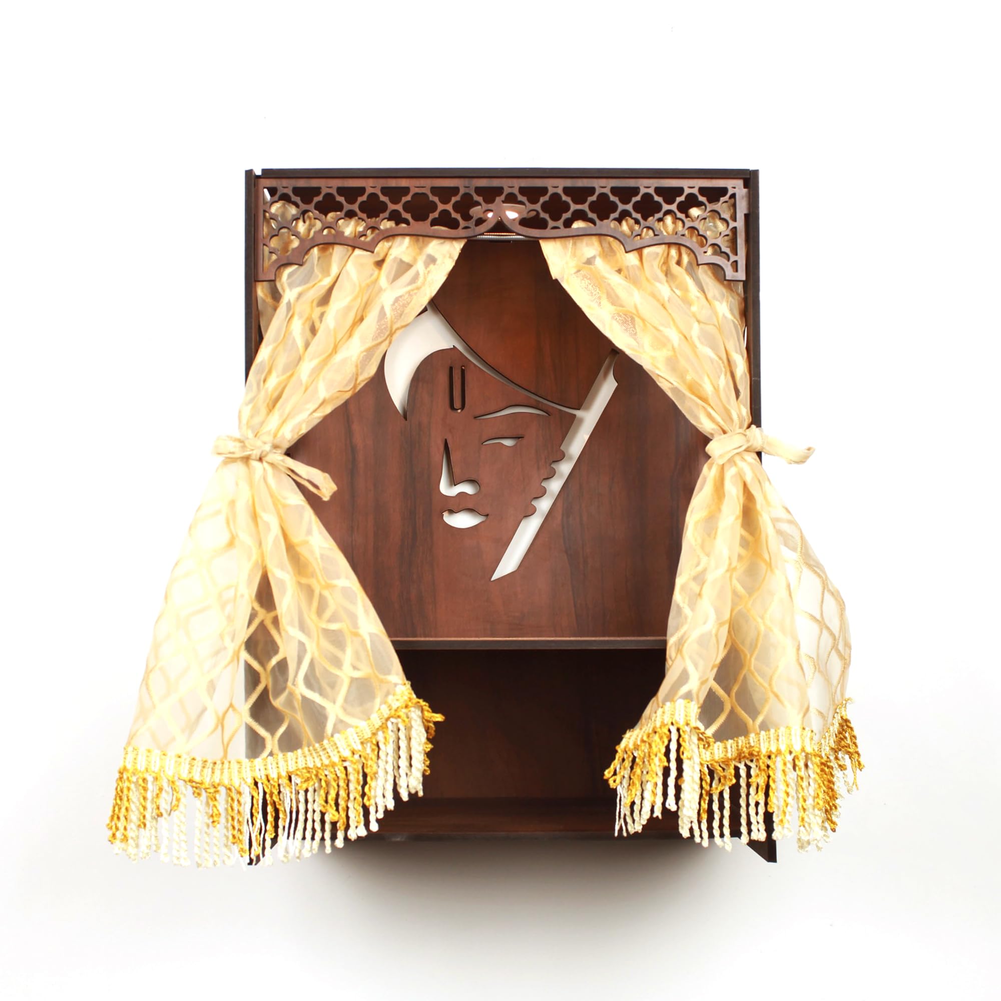 Wooden Wall-Mounted Pooja Mandir with LED Light, Decorative Curtains and Tassels, Brown Colour for Home & Office (H 15.5xW12xD8 Inches) (Krishna)