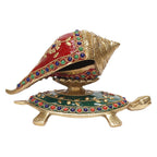 ARTVARKO Brass Shankh with Stand Tortoise Conch Holder Multicolor for Home Office Temple Mandir Pooja Puja Room Brings Prosperity 8 Inch