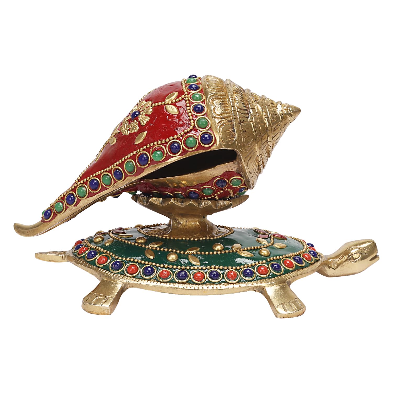 ARTVARKO Brass Shankh with Stand Tortoise Conch Holder Multicolor for Home Office Temple Mandir Pooja Puja Room Brings Prosperity 8 Inch