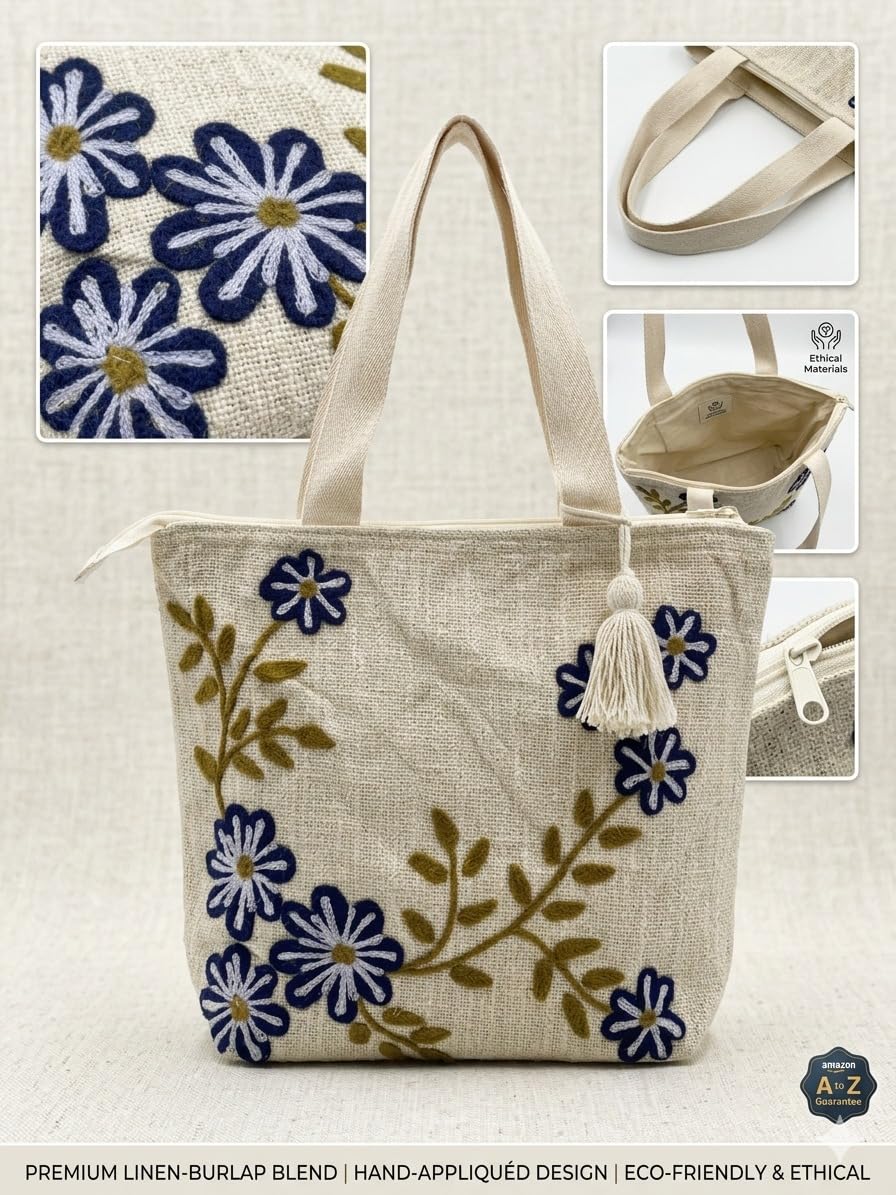 Floral Embroidered Tote Bag, Beige Jute, Blue Flowers with Tassel Zip, Handcrafted Boho Style