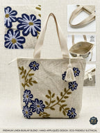 Floral Embroidered Tote Bag, Beige Jute, Blue Flowers with Tassel Zip, Handcrafted Boho Style