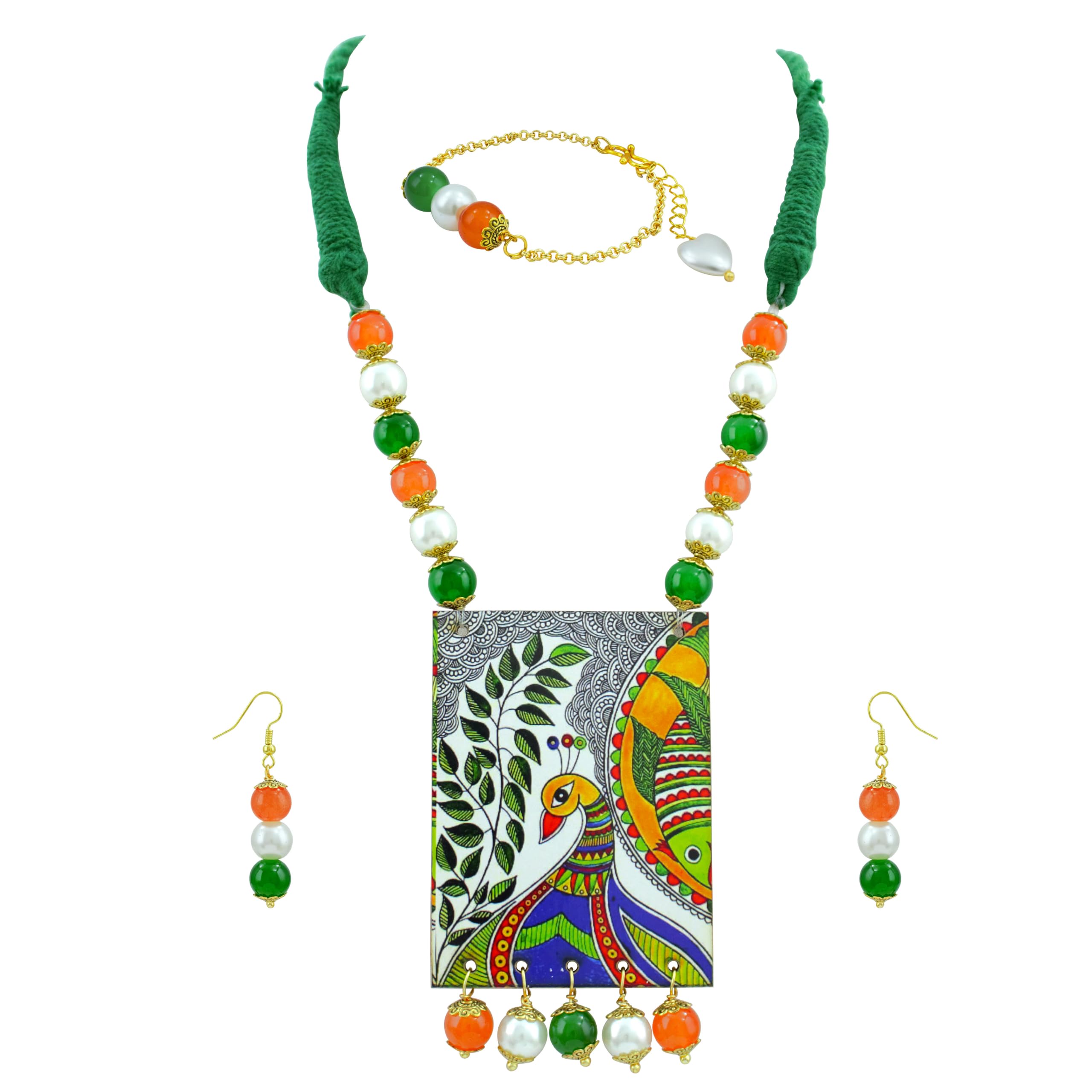 JFL - Jewellery for Less Independence Day & Republic Day Tricolor Madhubani Art Necklace Set with Bracelet for Women | Antique Handmade Wooden Pendant Jewellery Set | Green White Orange Beaded Ethnic Necklace with Matching Earrings | Traditional Jewellery