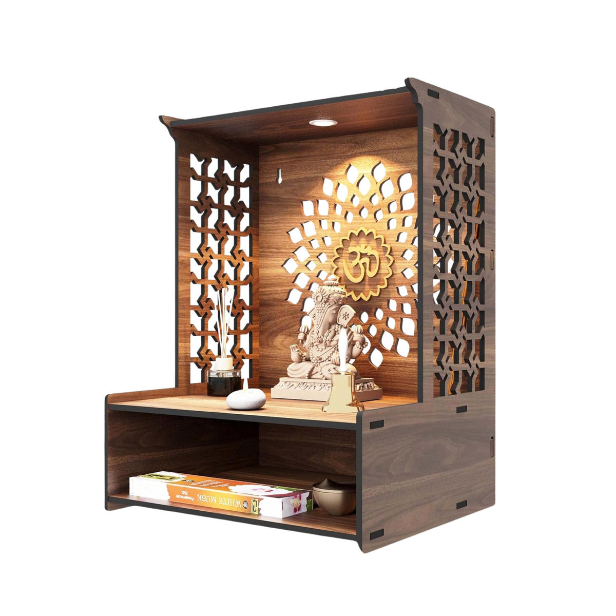 Puzzle Berry Wall Mounted Wooden Pooja Mandir for Home & Office with LED Spot Light, Big Size Temple, Pooja Stand with Door, Devghar, God Temple for Home, Wall Shelf, (Mandir Design 2)