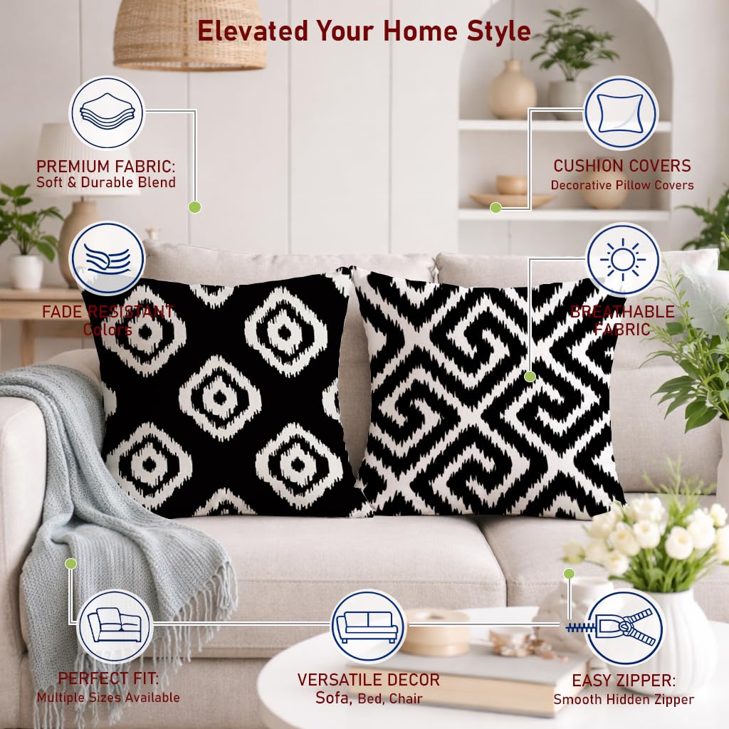 STITCHNEST Set of 2 Polycotton Cushion Covers – 24x24 Inches – Black & White Ikat Geometric Print – Elegant Cushion Covers for Sofa & Living Room | Perfect for Home Decor