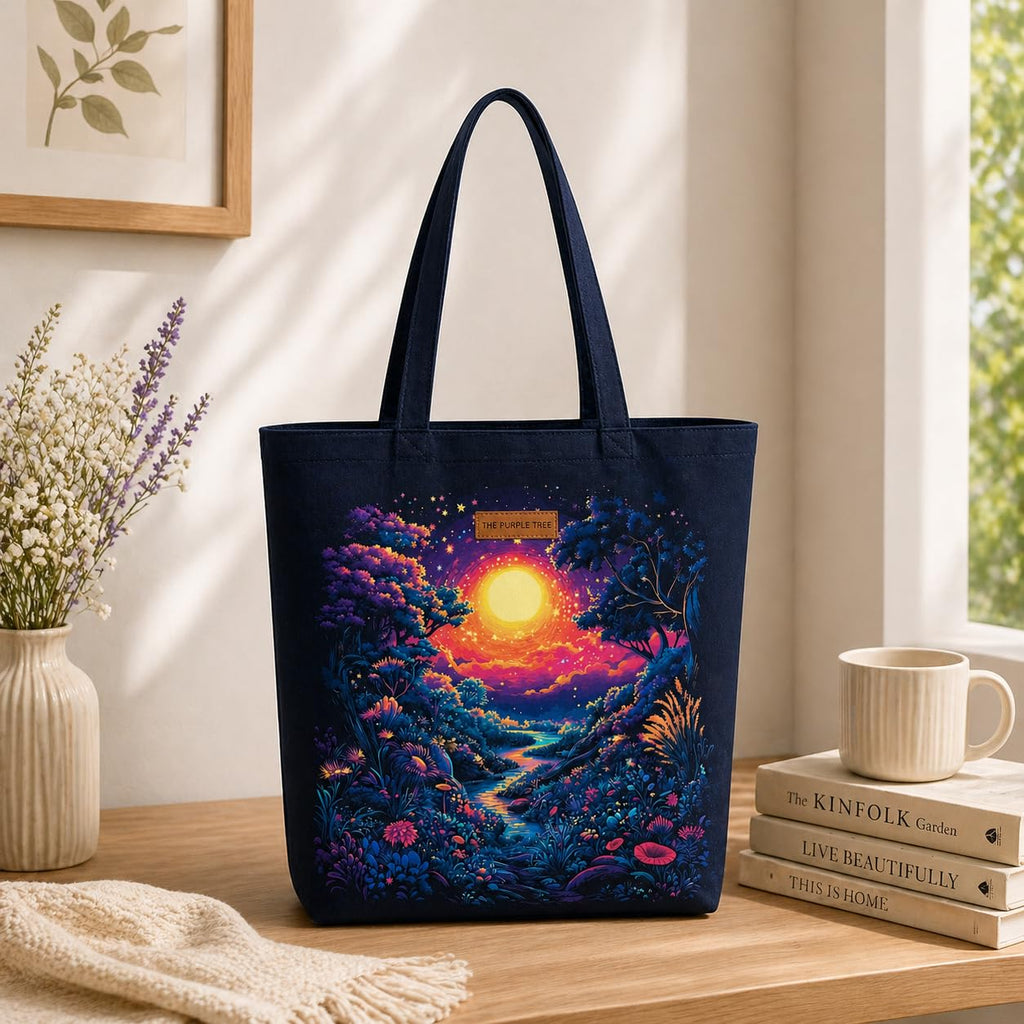 The Purple Tree Eco-Friendly Canvas Tote Bag, Sustainable, Reusable Shopping, Beach, Travel or Everyday Tote, Wide Tote Bag, Midnight Jungle