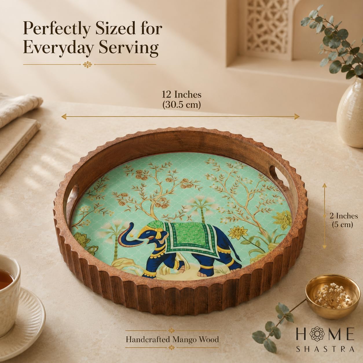 HomeShastra Round Wooden Serving Tray | 12 Inch Hand-Carved Mango Wood Tray with Elephant Heritage Print | Tea & Coffee Serving Tray with Handles | Decorative Home Décor
