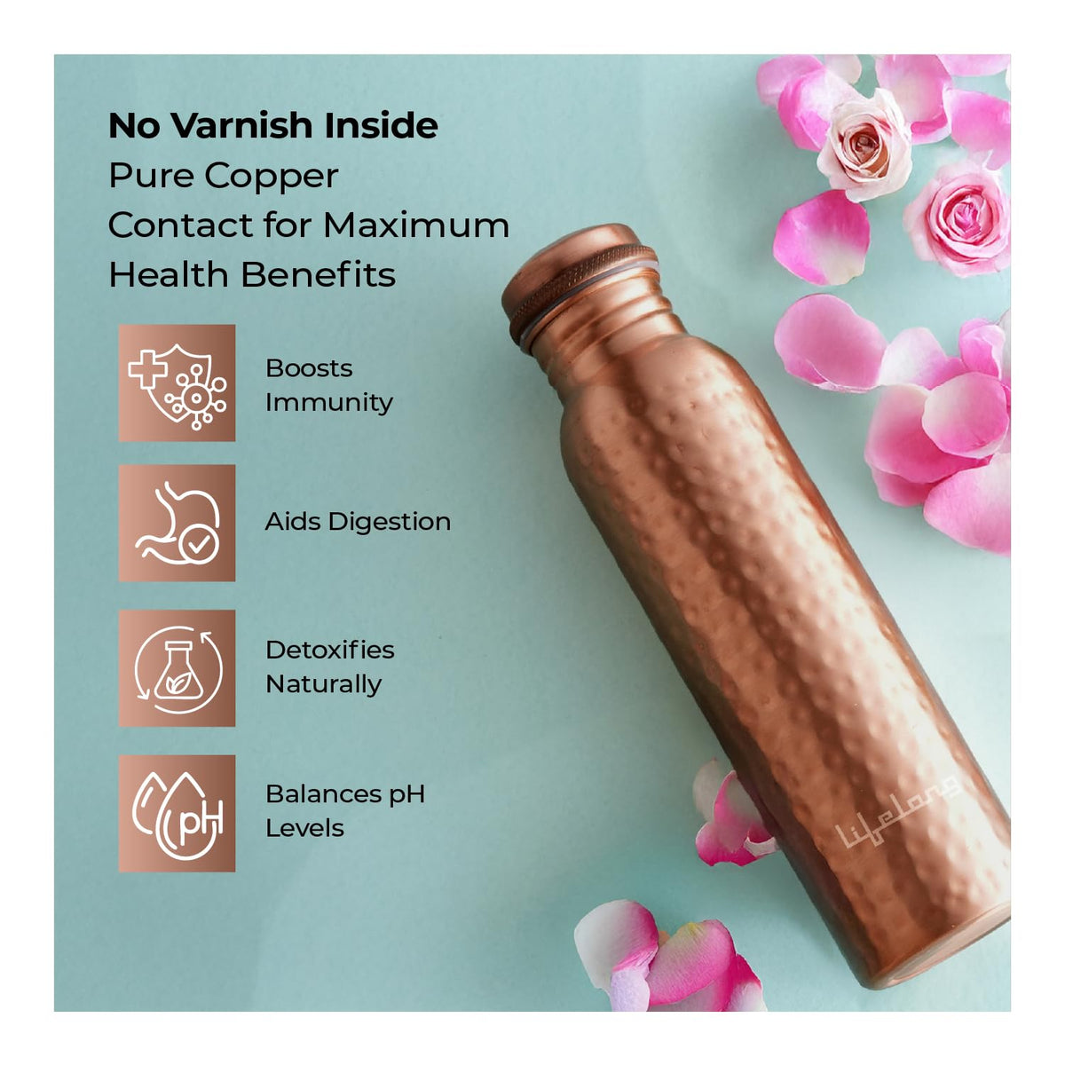 Lifelong 900 ml Copper Water Bottle | Natural alkaline water | Leakproof & Lightweight Design Boosts Immunity | Anti-Bacterial, BPA Free, Easy to Clean with Secure Cap for School, Travel, Gym & Work