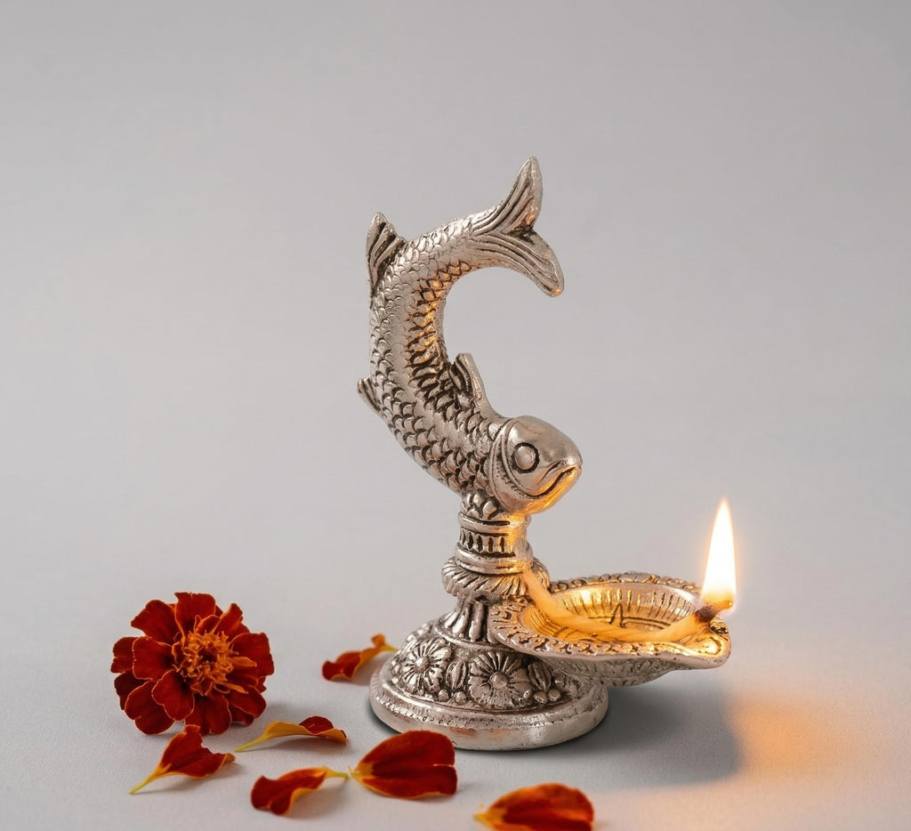 Kridaykraft Fish Diya, Silver, Aluminium, Metallic Silver Finish, 12 cm Height, Traditional Oil Lamp for Puja & Festive Decor