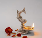 Kridaykraft Fish Diya, Silver, Aluminium, Metallic Silver Finish, 12 cm Height, Traditional Oil Lamp for Puja & Festive Decor