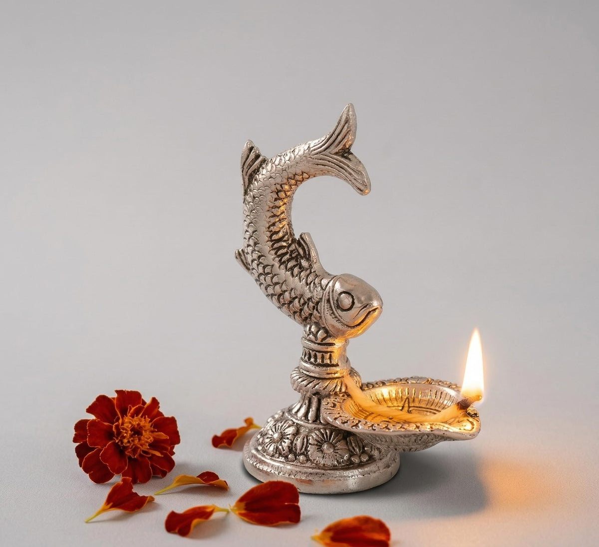 Kridaykraft Fish Diya, Silver, Aluminium, Metallic Silver Finish, 12 cm Height, Traditional Oil Lamp for Puja & Festive Decor