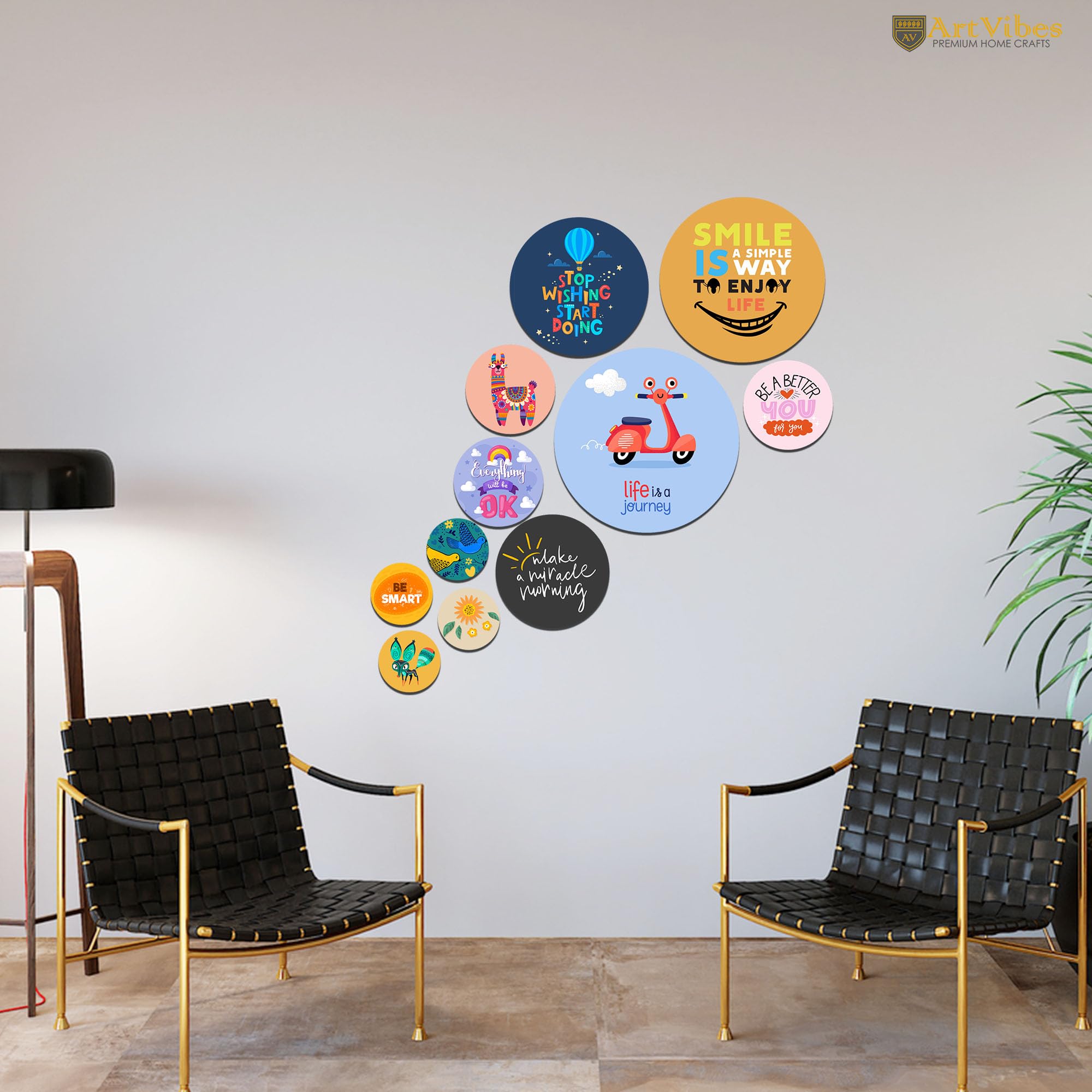 Artvibes Smile Is A Simple Way To Enjoy Life Round Shape MDF Wooden Wall Decor Items | Quotes Decor Item | Wall Illustrations | Office Decor | Wall Art Print | Gift Items (WPS_140N), Set of 11