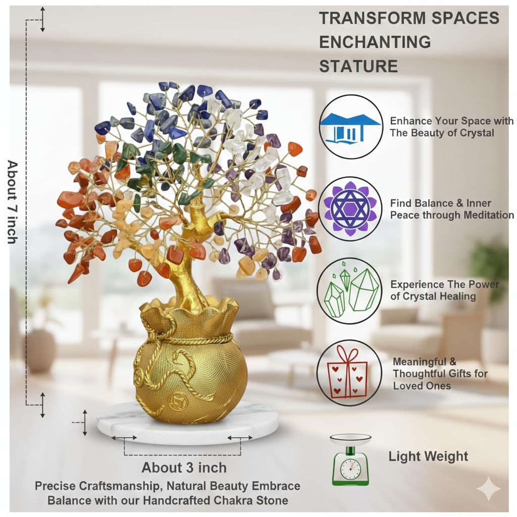 7 Chakra Crystal Tree with Golden Money Bag Base | Natural Gemstone Money Tree for Wealth Prosperity & Positive Energy | Feng Shui Vastu Tree for Home Office Decor & Good Luck Gift