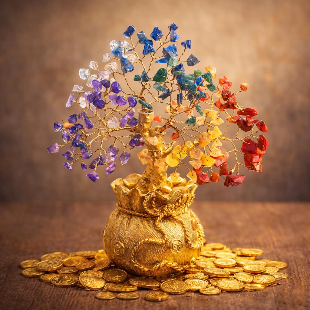 ZAICUS Seven Chakra Crystal Tree Showpiece with Golden Bag Base – Feng Shui Gemstone Bonsai for Home Decor, Office Table & Cororate Gift (7 X 3 Inch)