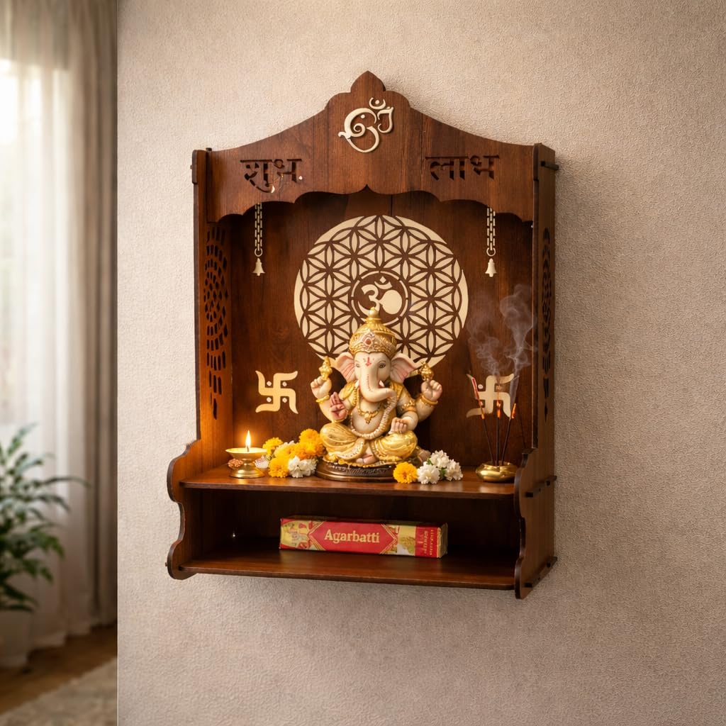 SHIV FURNITURE Mangal Beautiful Wooden Pooja Stand for Home, Temple, Office, Wall Mounted Puja Mandir (Brown)
