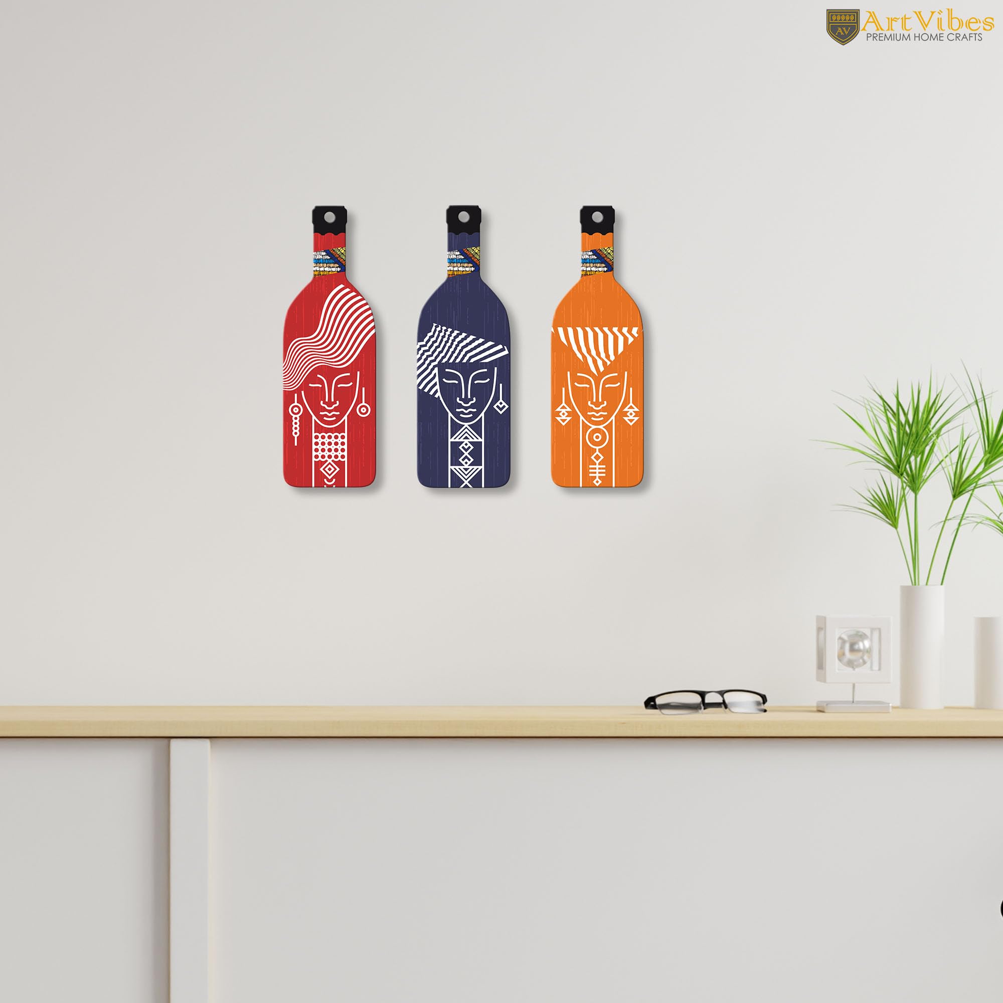 Artvibes Tribal Warli Art Decor Bottle shaped Wooden Wall Hanging | Living Room | Office | Cafe | Handcrafted Art | Wall Accent | Art Painting | Artworks Hangings | Gift Items (WH_9511N), Set of 3