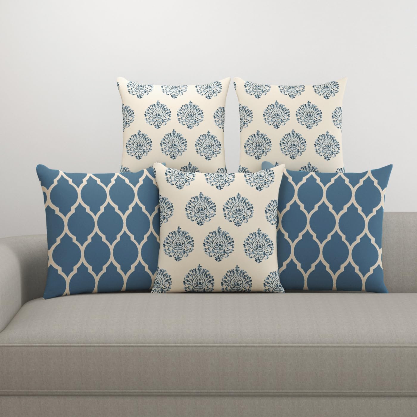 Trance Home Linen Set of 5 Premium 100% Cotton 24x24 inch Cushion Covers Only for Sofa and Diwan | Throw Pillow/24 x 24 Cushion Pillow Covers Only | 60cmx60cm, Damask & Dori Blue – Set of 5