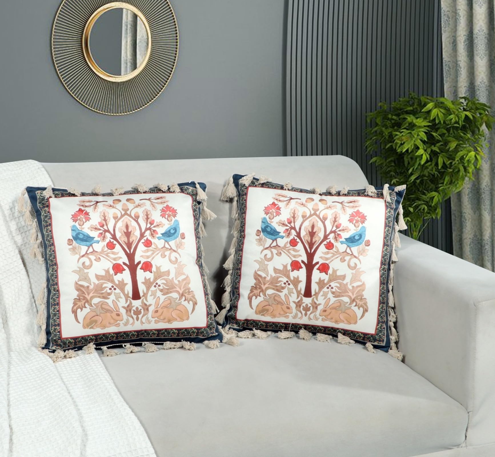 ishro home Premium Cushion Cover 18 inch x 18 inch | Set of 5 – Soft European Standard Fabric, Frill Design, Machine Washable | (5, Tree of Life, 18x18 Inch)