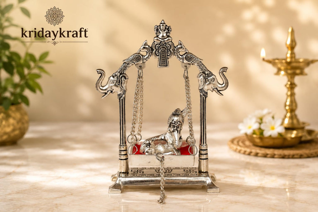 KridayKraft Silver Plated Metal Krishna Jhula with Elephant Design Stand | Lord Krishna on Swing Idol for Home Decor, Janmashtami Puja, Temple, & Spiritual Gifting.