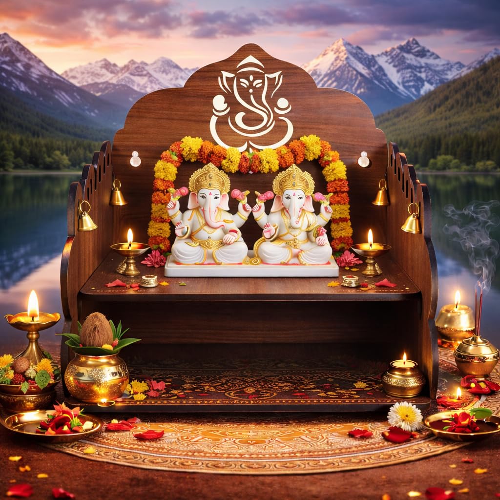 Bindian Wooden Pooja Mandir for Home Wall Mounted | Wooden Table Top God Temple | Pooja Stand for Home | Puja Mandir | Puja Unit for House | Temple for Office (Temple 3)
