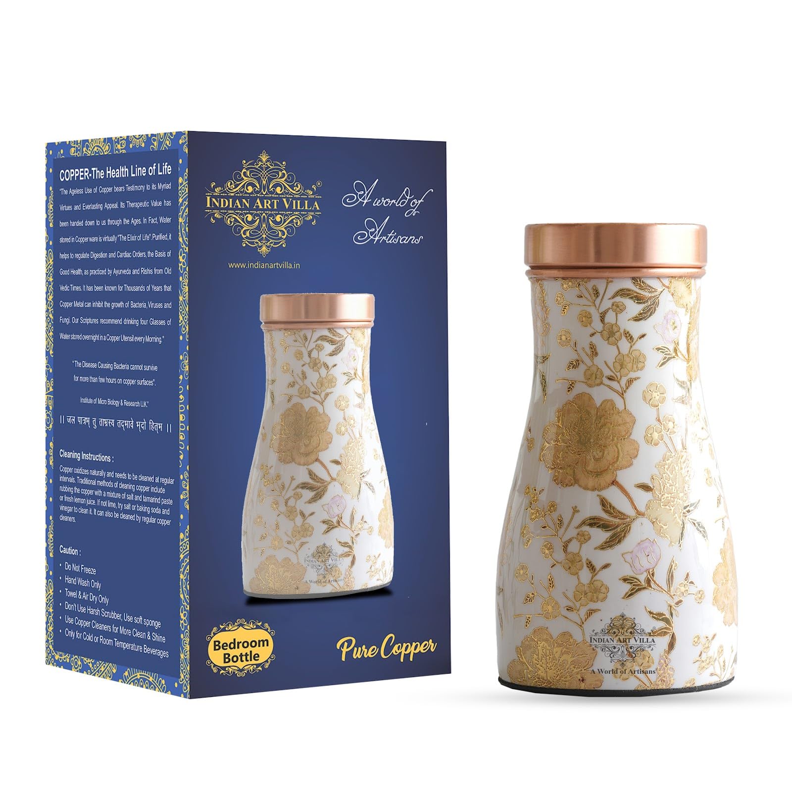 INDIAN ART VILLA Pure Copper Bedroom Bottle with Inbuilt Glass - Floral Design, Drinkware & Serveware, Perfect for Home, Office, and Gifting, Volume- 950 ML