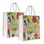 Sangra Canvas Reusable Bags for School, College, Lunch Bag for Office for Men and Women, Grocery Shopping Bag, Multi-Purpose Bag, Sturdy Handle With Zipper Lock (Pack of Two) (Eat Healthy)
