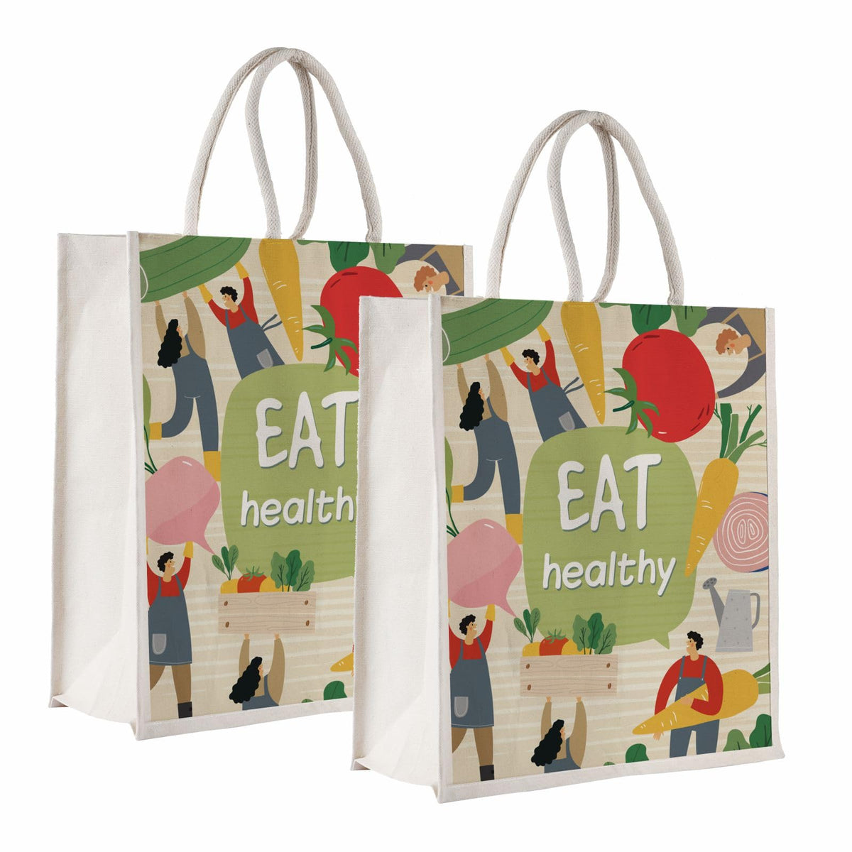 Sangra Canvas Reusable Bags for School, College, Lunch Bag for Office for Men and Women, Grocery Shopping Bag, Multi-Purpose Bag, Sturdy Handle With Zipper Lock (Pack of Two) (Eat Healthy)