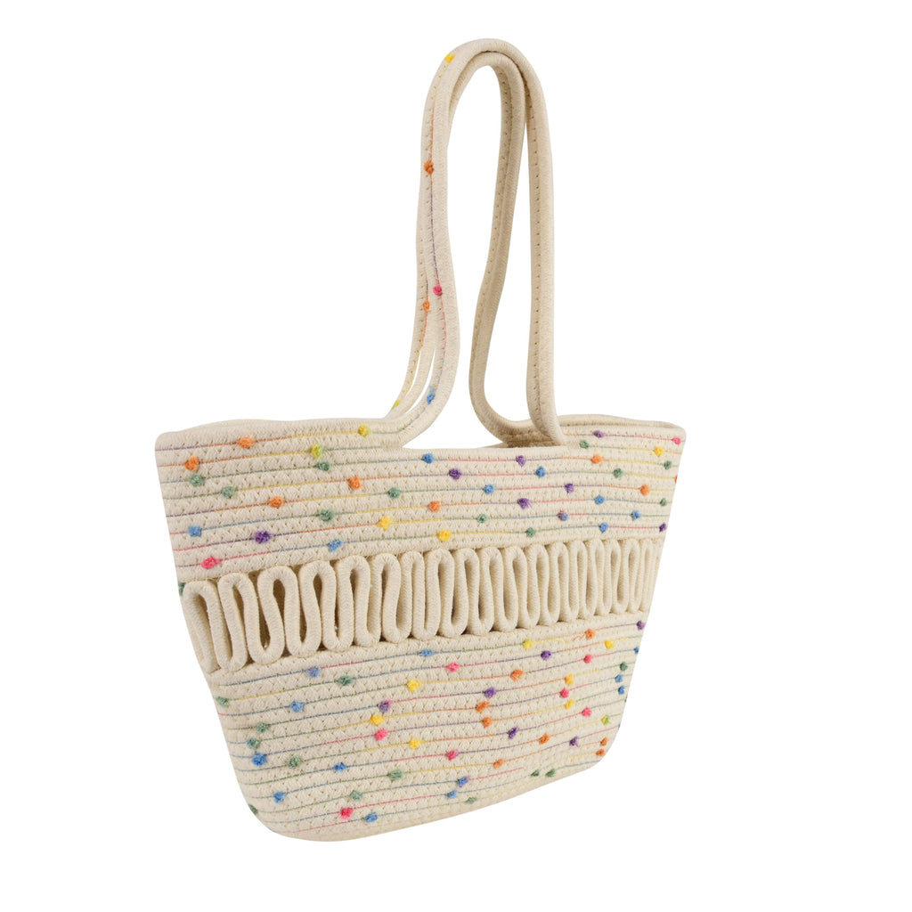 Bella N Bloom Handcrafted Cotton Rope Beach Tote Bag, Tricolor Brown Ombre Design with Decorative Tassel, Large Capacity Shoulder Bag (White)