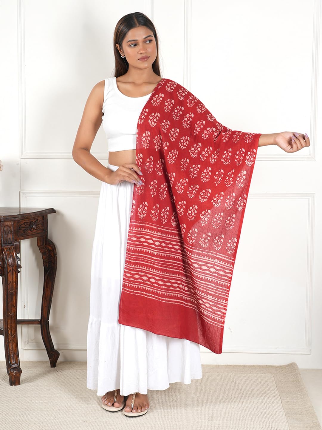 Gutthi Women's Cotton Stoles | Scarf Lightweight & Comfortable for All Seasons | Soft Floral Scarves, Size (100X180 CM) (Red)
