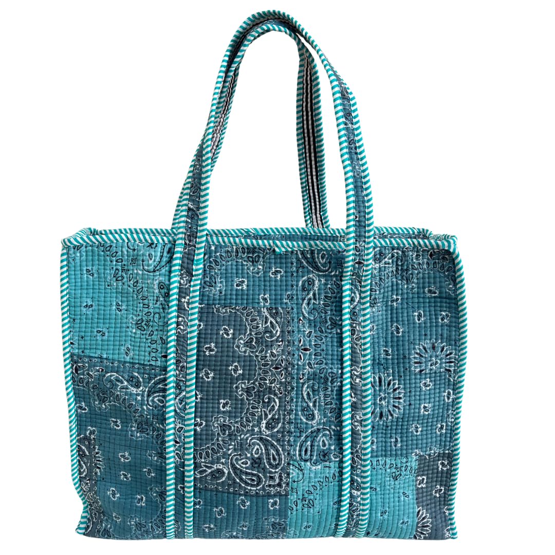 Bazaar Bhoot Edition Premium Cotton Quilted Shopping Tote Bag - Multipurpose Long Lasting Foldable Reusable Bag with zipper for Shopping, Travel & Daily Use - Made in India (Shaded Teal Blue)