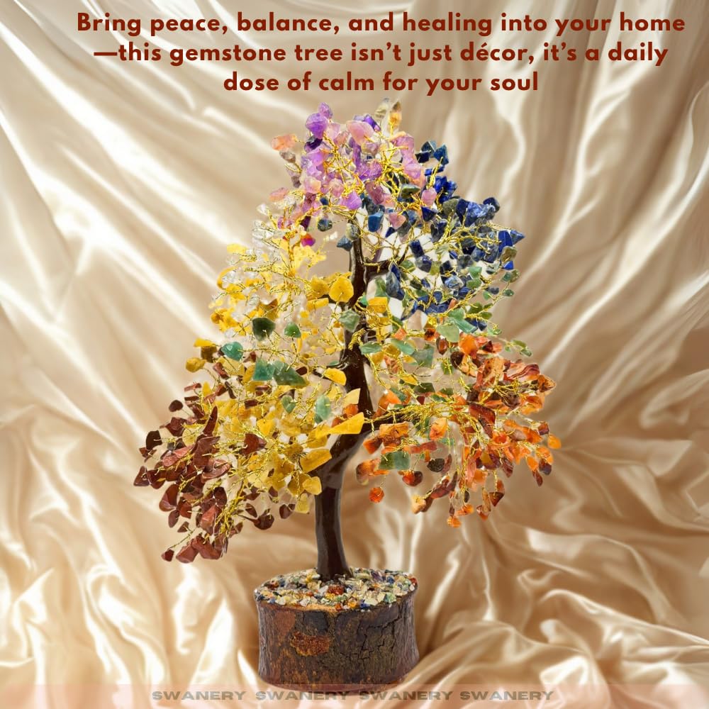 Swanery Seven Chakra Gemston Tree of Life, Positive Energy, Feng Shui Decor, Bonsai, Crystals and Healing Stones, Money Tree, Room Decor Stone, Healing Crystals (Chakra Tree)