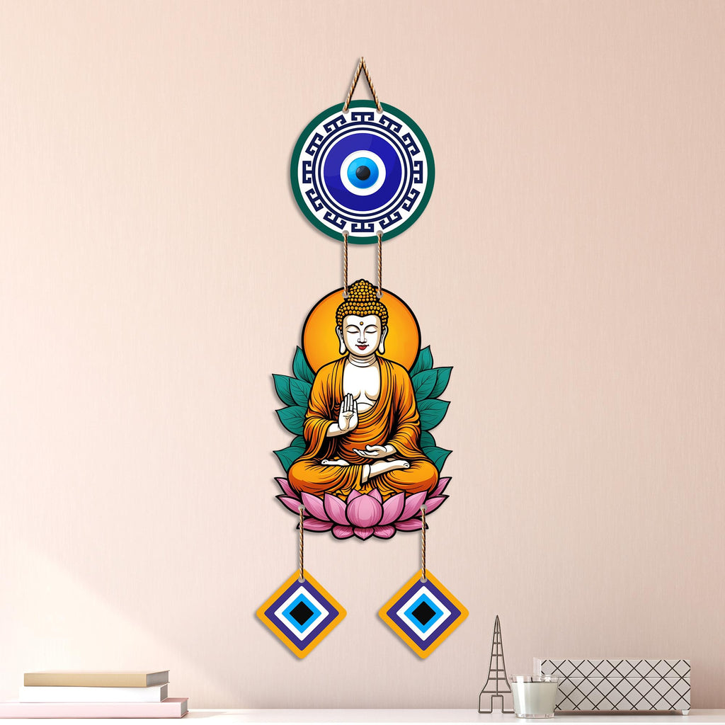 Artvibes Buddha Lotus Meditation Wall Hanging with Evil Eye Charms | Spiritual Decor for Yoga & Prayer Spaces | Decorative Wooden Hanging Ornament for Living Room | Positive Energy Wall Art (WH_8598N)