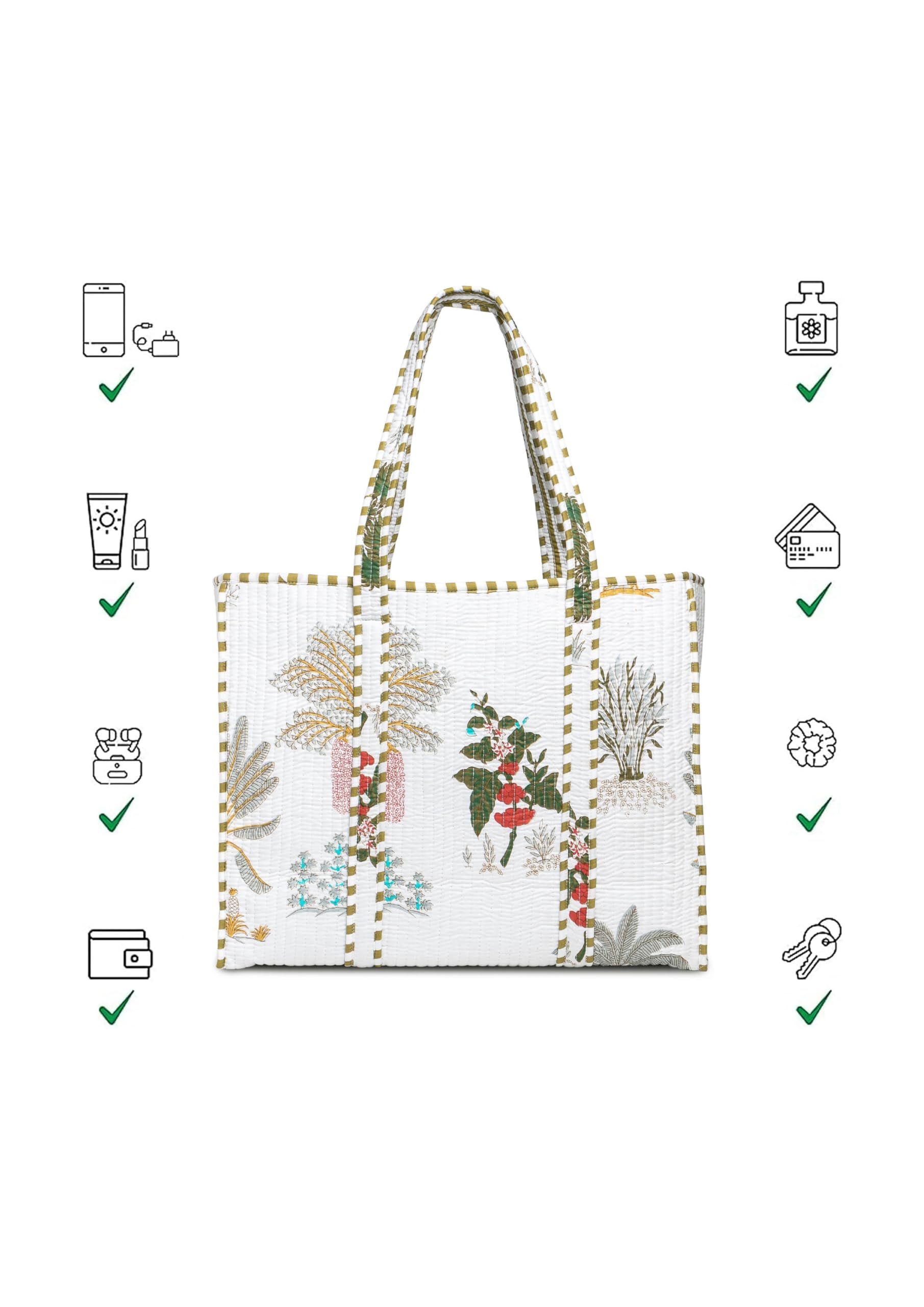 Yda fashion Quilted Cotton Tote Bag – Reusable Large Shopping Bag for Women & Men, Lightweight Eco-Friendly Grocery Tote with Printed Design, Shoulder Bag for Travel, Beach & Daily Use