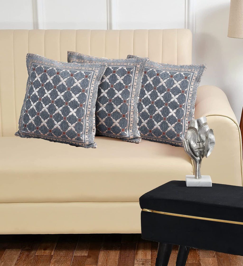 DECOMIZER Jacquard Geomteric Cushion Covers 16 inch x 16 inch Set of 3 Ethnic Motifs Cushion Covers,Design- Criss-Cross,Color- Grey