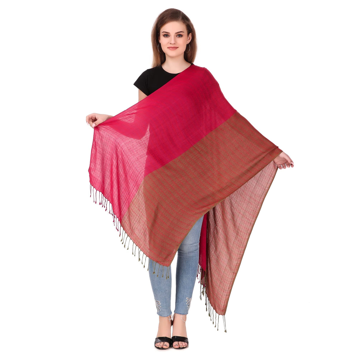 FWC Fill With Colours Female Stole/Scarf For Girl/Ladies Colour- Red & Brown Soft Viscose Cotton Blend Ethnic Pattern Scarves Pack Of 1 ST-39