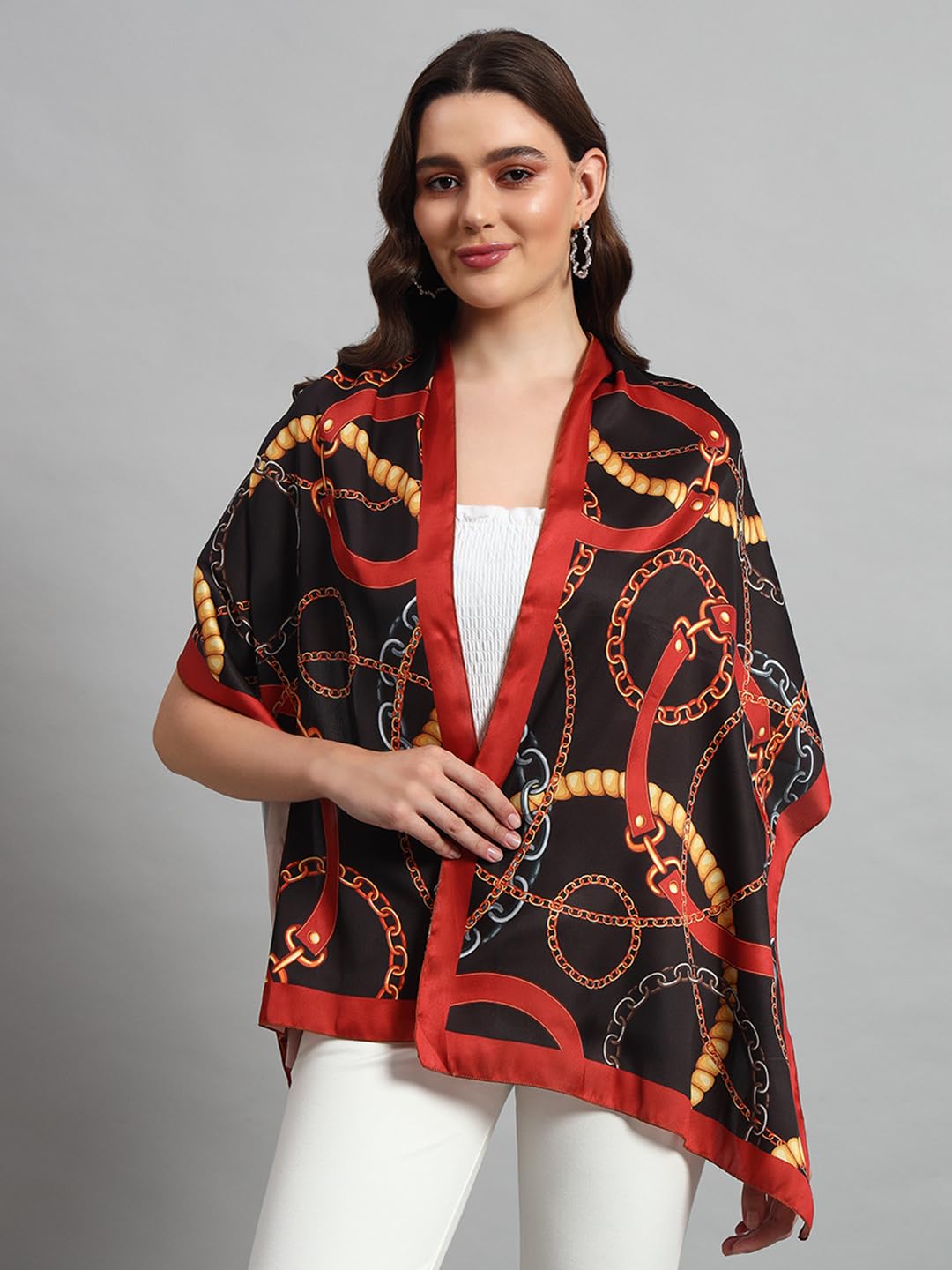 Ravaiyaa - Attitude is everything Women Lightweight Printed 100% Satin Silk Scarf Stoles Breathable Neckerchief Head Beach Wrap Scarves (Black Red Abstract, 70 x 20 Inch)