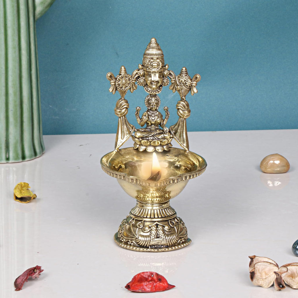 ARTVARKO Brass Tirupati Balaji with Goddess Lakshmi Diya Oil Lamp 5.5 inch