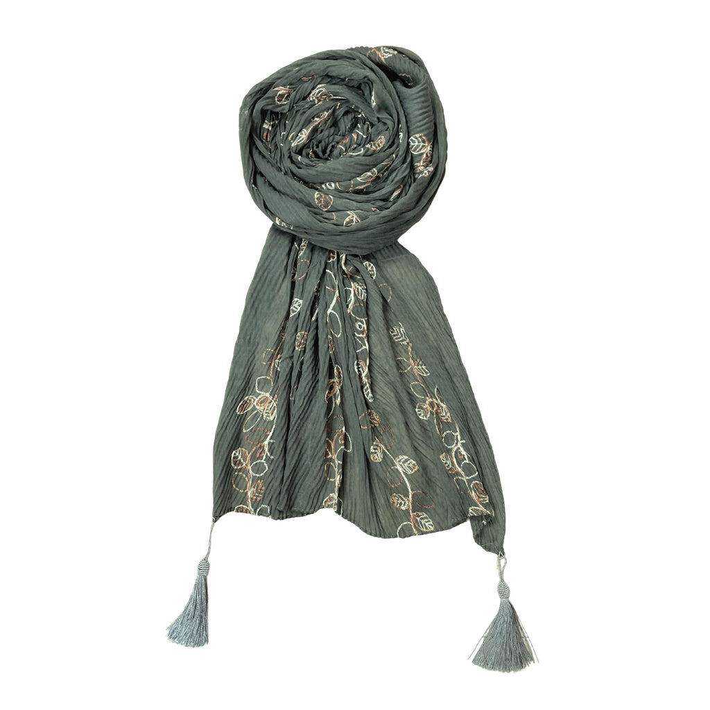 FAHABO Scarf for Women Stylish Pleated Viscose Cotton with Embroidery and Tassels | Hijab Scarf | Stole | Soft, Lightweight, and Latest Scarves | 72 x 33 Inches (Pebble Grey)