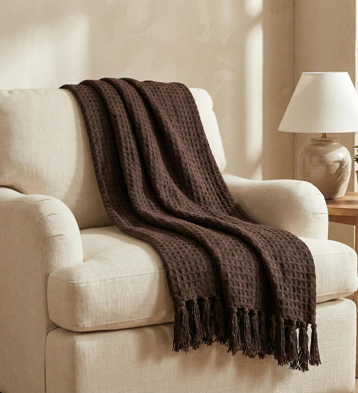 KNIT VIBES 100% Cotton Waffle Weave Sofa Throw Blanket 50x60 Inches or 125x150 cms Lightweight, Soft & Breathable Couch, Bed or Chair Throw Blanket for Living or Bedroom, Coffee Kafalo