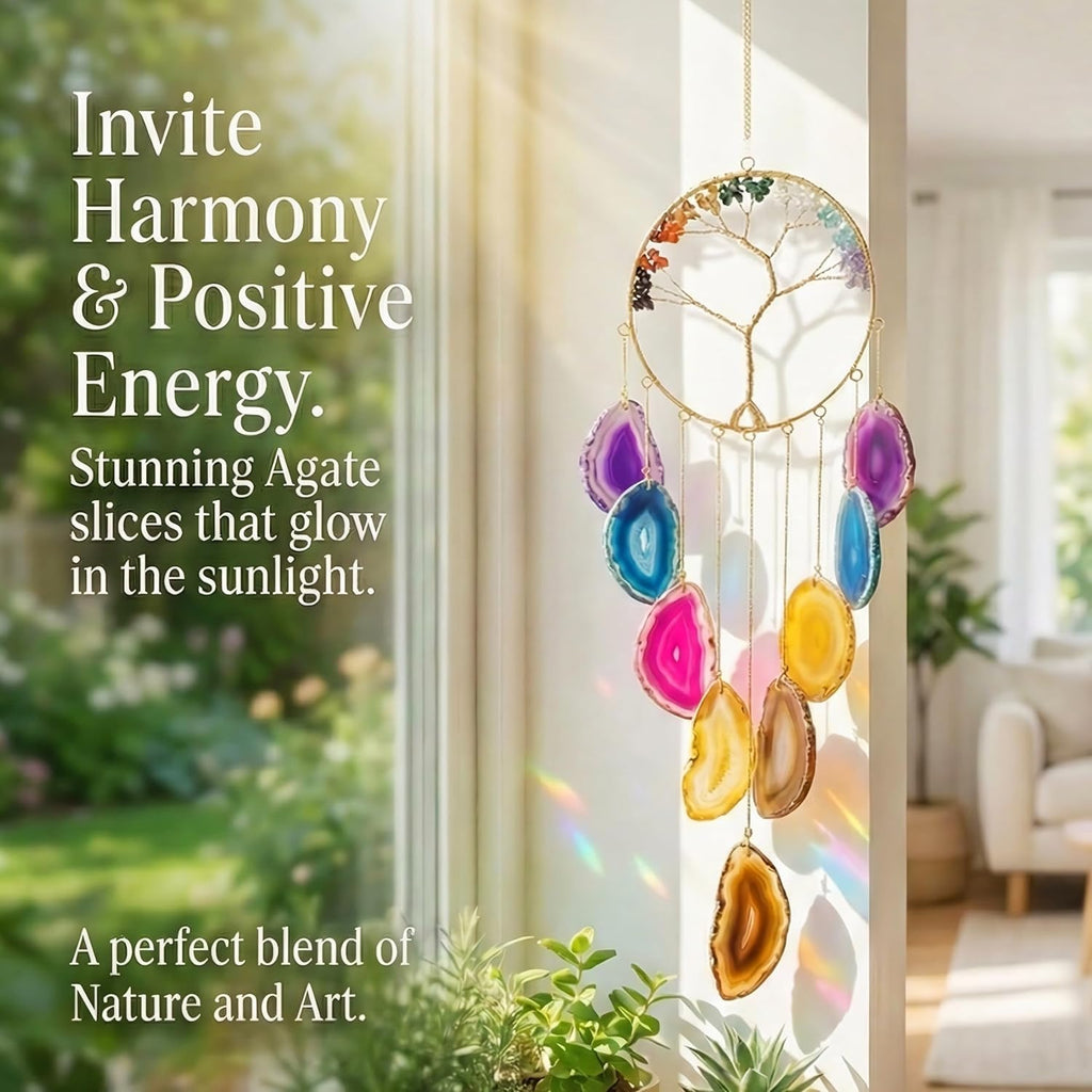 7 Chakra Crystal Stone Wind Chime – Tree of Life Decor with Natural Agate Slices, Healing Stones for Meditation & Protection, Feng Shui Hanging Ornament for Balcony, Bedroom, Office, & Gifts
