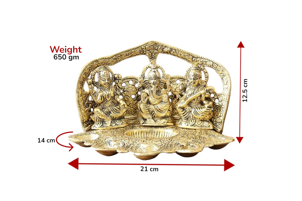 Kridaykraft Metal Laxmi Ganesha Saraswati Idol with 5 Oil Lamp Diya - Religious Murti for Home Decor, Puja, and Diwali Gifting (21 cm, 650g, Antique Gold Finish)